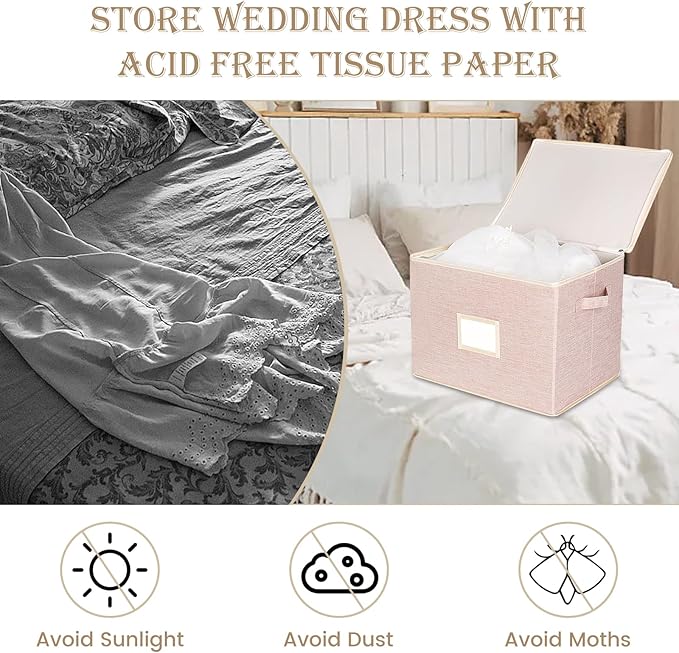 Wedding Dress Storage Box with 1 Pair of Microfiber Gloves and 20 Sheets of Acid-Free Paper, Wedding Dress Preservation Box for Heirlooms, Gowns Bride Musthaves (Pink)