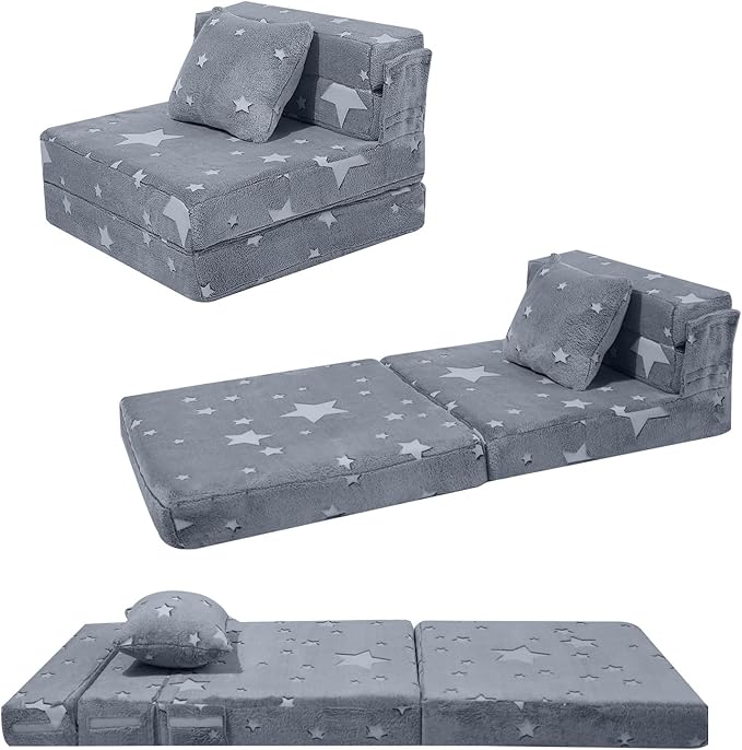 MeMoreCool Kids Tri-Fold Sofa Bed – Glow Star Floor Mattress & Foldable Futon Chair Convertible Toddler Couch | Soft Plush Lounge Mat | Playroom Furniture | Includes Pillow