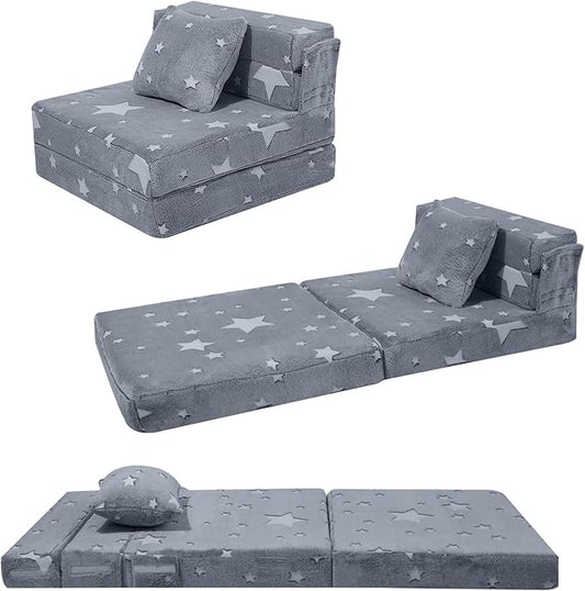 MeMoreCool Kids Tri-Fold Sofa Bed – Glow Star Floor Mattress & Foldable Futon Chair Convertible Toddler Couch | Soft Plush Lounge Mat | Playroom Furniture | Includes Pillow