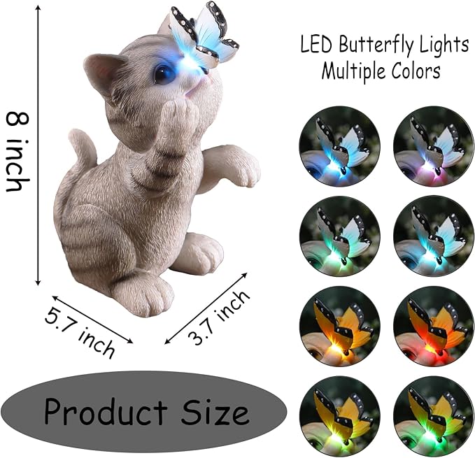 Solar Cat Outdoor Figurines Garden Decor with Butterfly Light for Lawn Ornaments Porch Patio Balcony Yard Decorations Outdoor Birthday Gifts for Women Grandma Mother’s Day