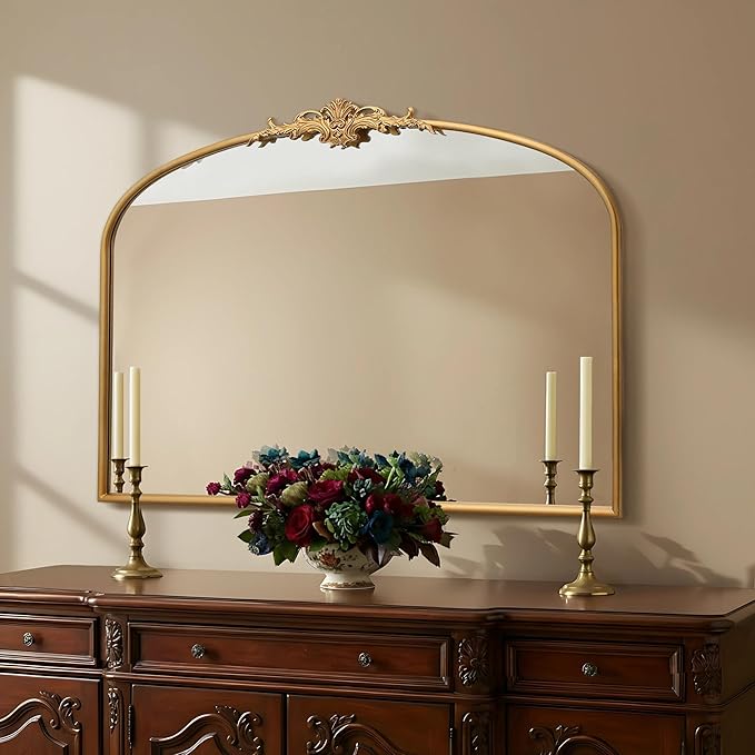 Besdomus Antique Arched Gold Mirror: 40"x29" Large Gleaming Gold Vintage Wall Mounted Mirror - Baroque Traditional Ornate for Bedroom/Bathroom/Fireplace/Entryway - Home Decor for Homemakers