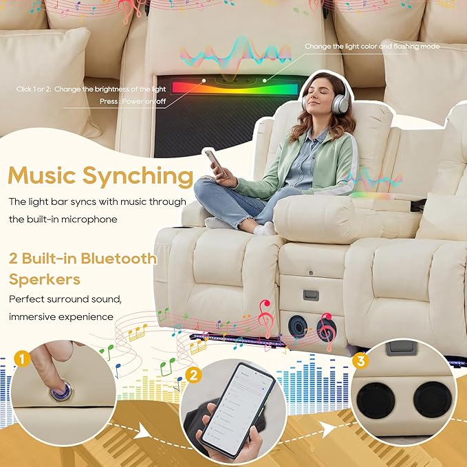 IPKIG Power Recliner Sofa with Flip-Up Backrest Console, USB & USB-C Ports, AC Outlet, LED Lights, Wall Hugger Recliners for Living Room, RV (Off Withe, 89" - 4 Seat) | Faux Leather, Zero Gravity, Dual Reclining, 2 Lumabr Pillow, Bluetooth Speakers