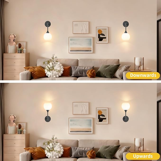 Battery Operated Wall Sconces Set of 2, Black Rechargeable Wireless Wall Lights with Milky White Shade, 12 RGB and 3CCT Dimmable Wall Lamps with Remote for Bedroom Living Room Hallway