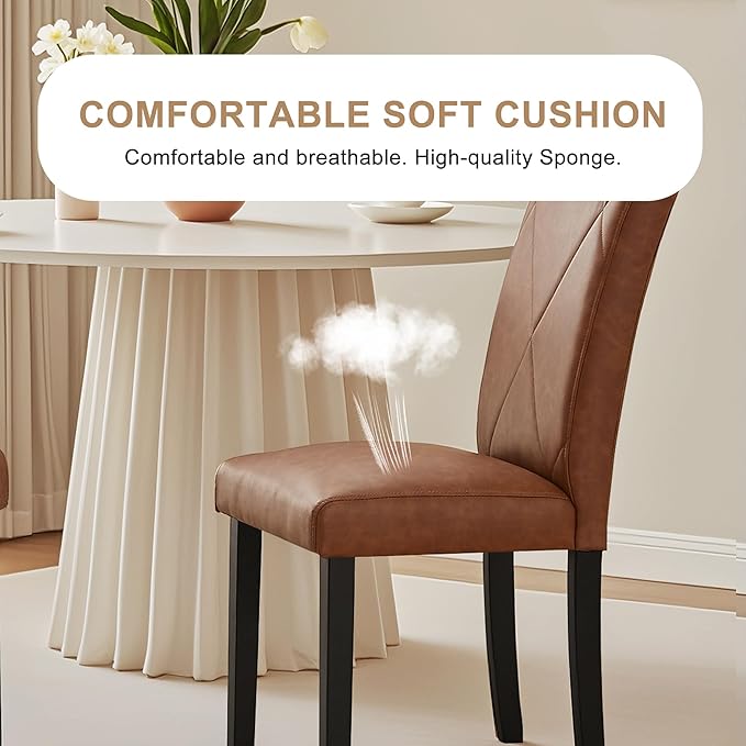 VECELO Upholstered Dining Chairs Set of 2, Modern PU Leather and Solid Wood Legs & High Back for Kitchen/Living Room- Brown