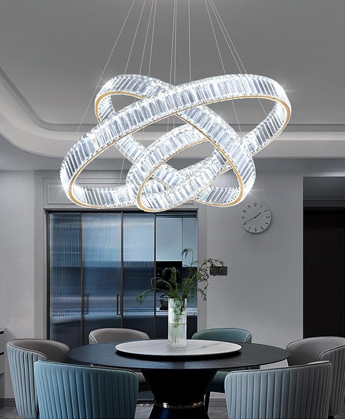 16‘’+24‘’+32'' Modern Ring Chandelier Crystal Chandeliers for Dining Room Round LED Dimmable Ceiling Light Fixture for Living Room Bedroom Lighting Gold