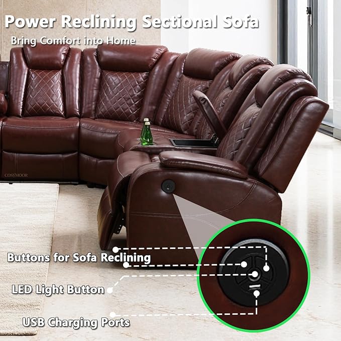 Power Recliner Sectional Sofa Set with LED, Luxury Breathing Leather Reclining Corner Couch Set, 9 Seat L-Shaped Sofa Couch Set with 3 Seats Sofa, Cup Holders/Storage for Living Room