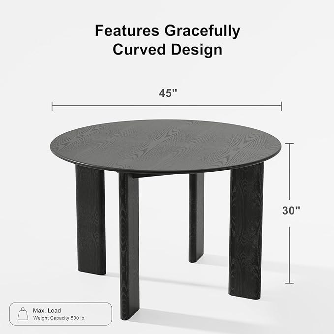 Casaphoria 45" Round Dining Table, Modern Kitchen Table for 4-6, Scratch-Resistant Top & Wood Pedestal, Farmhouse Dinner Table for Living Room, Kitchen, Bar, Easy Assembly, Black