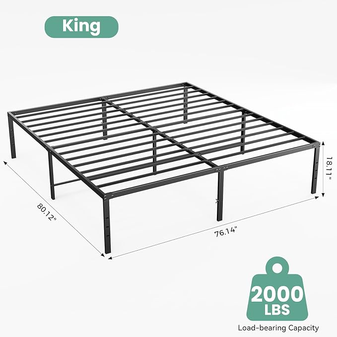 Sweetcrispy King Size 18 Inch Platform Bed Frame, Heavy Duty Metal Foundation Frame, Noise-Free Sturdy Steel Slats, Underbed Storage, No Box Spring Needed, Quick Setup