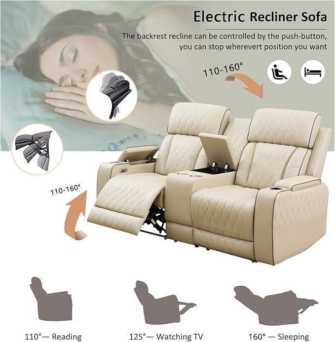 A Ainehome Power Leather Recliner Sofa Set with LED Lights, Recliner Sofa Sectional Couches for Living Room, Reclining Sofa, loveseat, Chair with USB Port/Storage Console/Cup Holder(Khaki,loveseat)