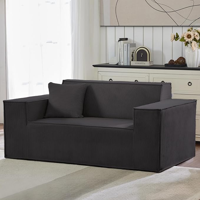 SUYOLS Corduroy Cloud Couch with Pillow, Premium Memory Foam, No Assembly Required, Deep Seat Sofa in Box, Space-Saving Chair for Home, Living Room, Bedroom, Apartment, Office, Loveseat, Dark Gray