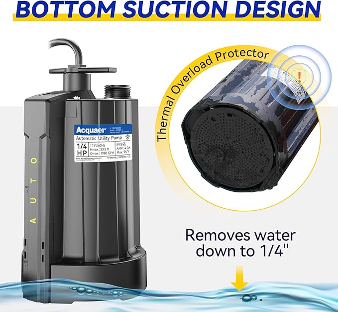 Acquaer 1/4 HP Automatic Submersible Water Pump, 115V Sump Pump with 3/4” Garden Hose Adapter, 1980 GPH High Flow Water Removal for Swimming Pool Cover Hot Tubs Flooded House Basement
