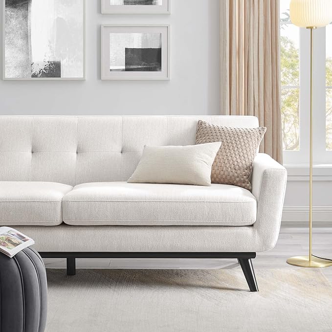 Modway Engage Mid-Century Modern Herringbone Fabric Sofa in Ivory