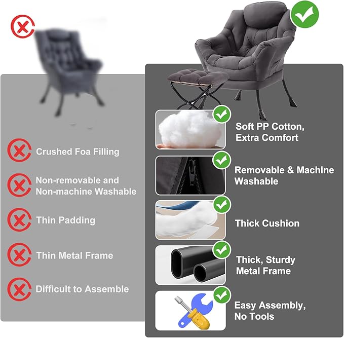 Lazy Chair with Ottoman, Modern Chair with Folding Footrest, Dark Grey Accent Chair, Comfortable Reading Chair, Oversized Armchairs for Bedroom, Study, Living Room, Courtyard