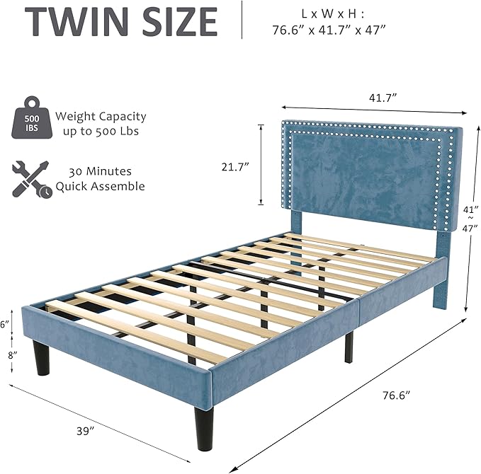 Twin Size Platform Bed Frame with Adjustable Upholstered Headboard, Modern Mattress Foundation, Strong Wood Slat Support, No Box Spring Needed, Easy Assembly