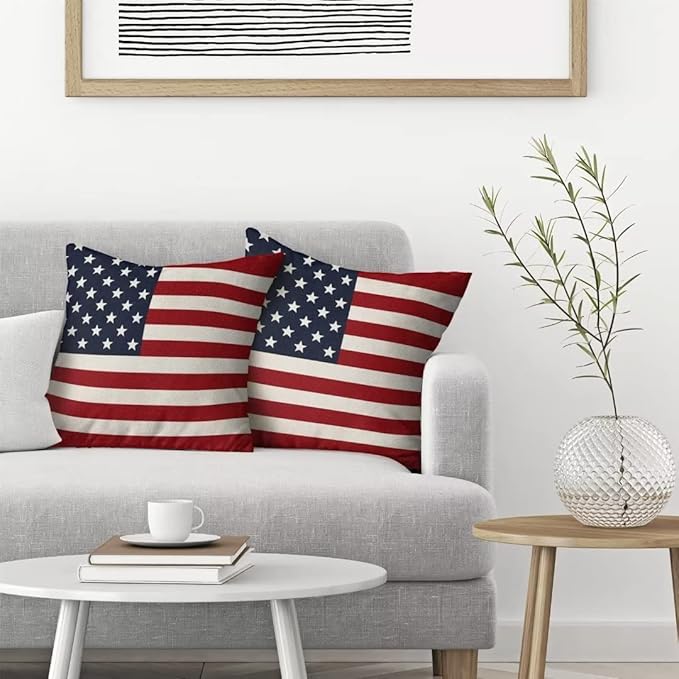 BETGINY 4th of July Pillow Covers 16x16 Set of 2, American Flag Patriotic Decorations Throw Pillow Covers Linen Farmhouse Independence Day Cushion Case for Couch Sofa Summer Home Outdoor Decor