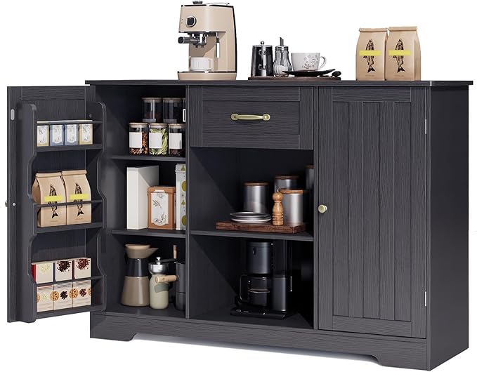 Gizoon Coffee Bar Cabinet with Door and Shelves Kitchen Hutch with Countertop, Kitchen Buffer Cabinet with Storage for Bedroom and Living Room, Black