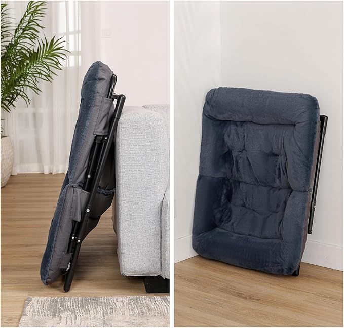Comfy Saucer Chair for Adults, Soft Faux Fur Bedroom Chair with Ottoman, Accent Dorm Chairs, Living Room Reading Chairs and Footstool, Folding Seat for Teens, X-Large, Navy Blue