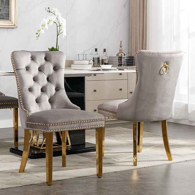 Solid Wood Velvet Upholstered Dining Chair with Golden Stainless Steel Plating Legs,Contemporary Design W/Nailhead Trim,Set of 2,for Living Room,Apartment,Gray and Gold
