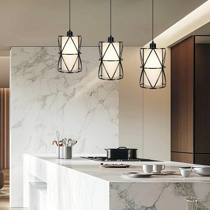 7"×10" Matte Black Pendant Light, Adjustable Height Island Lights for Kitchen with Linen Shade, Modern Kitchen Pendant Lighting Over Island, Dining Room, and Living Room