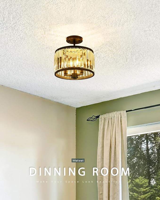 Semi Flush Mount Ceiling Light Fixture, 11" Crystal Light Fixture, 3-Light Modern Lamps with Matte Black Finish for Bathroom, Dinning Room, Hallway, Bedroom, SM821-MB