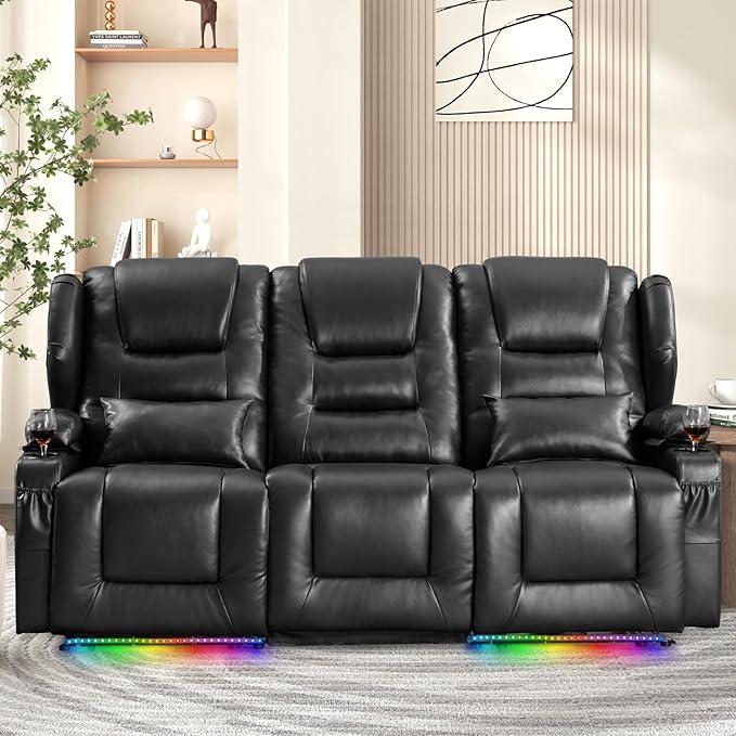 Oprisen 3-Seater Power Recliner Sofa Couch Flip Middle Backrest Reclining Sofa Chair for Living Room with Charging Station/Cup Holders/LED Ambient Light