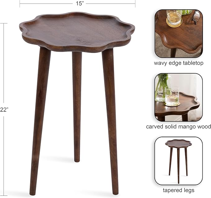 Kate and Laurel Alezar Modern Wooden Round Side Table; 15 x 15 x 22; Walnut Brown; Mid-Century Solid Wood End Table with Wavy Edge for Bedroom Nightstand or Living Room Accent Table