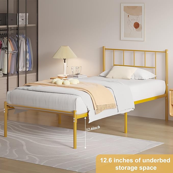VECELO Twin Metal Platform Bed Frame with Headboard, Heavy Duty Steel Slat Support, Under Bed Storage,No Box Spring Needed, Easy Assembly