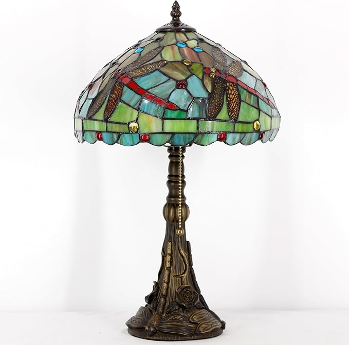 Tiffany Table Lamp Stained Glass Lamp 12X12X19 Inch Antique Reading Light (Green Red Dragonfly)