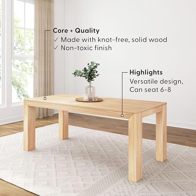 Plank+Beam 72 Inch Modern Solid Wood Dining Table - Solid Pine, Wirebrush Finish, Seats 6, Non-Toxic Finish, Easy Assembly, for Kitchen or Office, Blonde Wirebrush