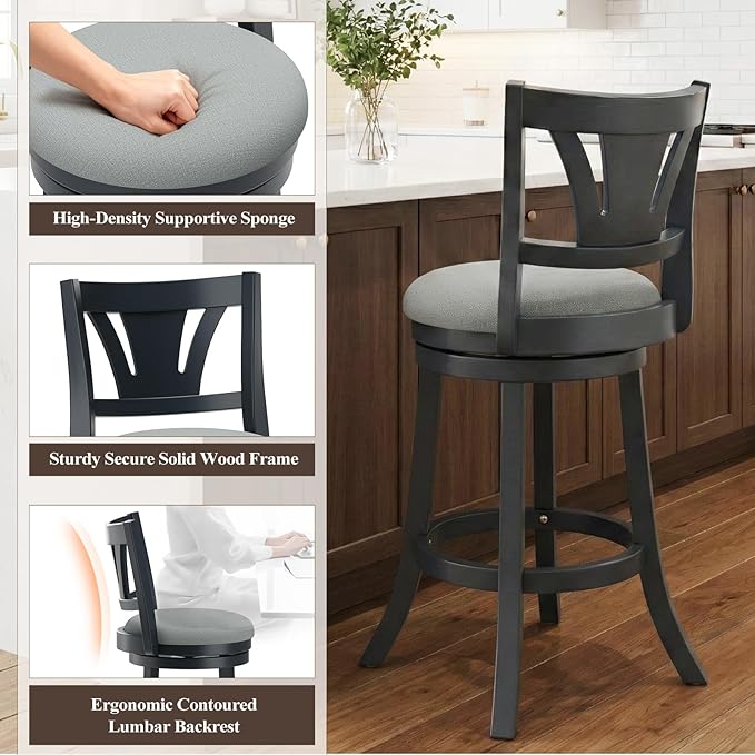 Swivel Bar Stools Set of 4,26 Inch Counter Height Barstool with Silent Rotation, High-Density Foam Cushion, Solid Wood Frame, Footrest & Anti-Slip Pads for Kitchen Islands and Home Bars (Grey)