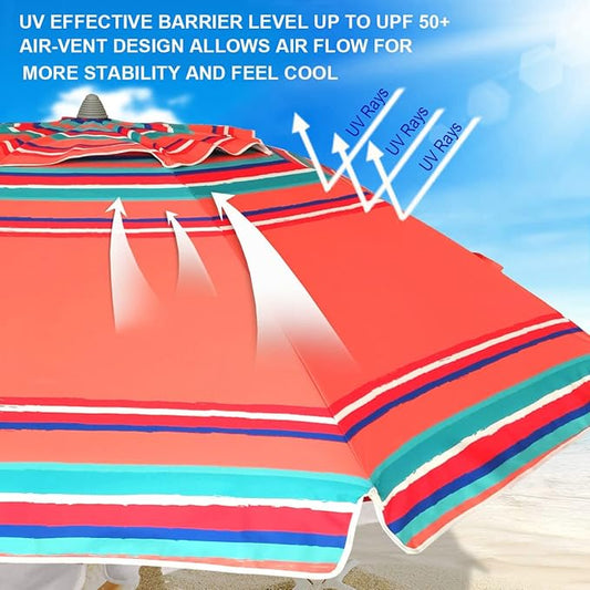 AMMSUN 7ft Heavy Duty HIGH Wind Beach Umbrella with sand anchor Vent Tilt Sun Shelter, UV 50+ Protection Portable Outdoor Sunshade Umbrellas Carry Bag for Patio Garden Pool Backyard Rust Red