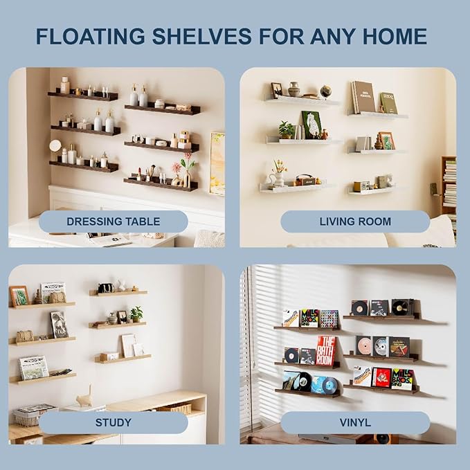 Wall Shelves for Living Room, Nursery Book Shelves Smoke Gray Bathroom Shelves Over Toilet Floating Shelves for Wall, Modern Wood Storage for Bedroom, Kid's Room, Kitchen, 36inch, Set of 6