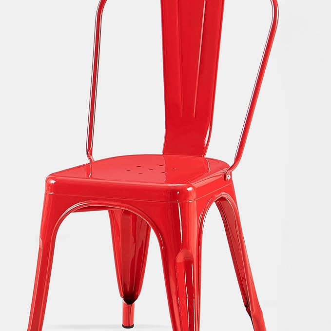 AC Pacific 18 Inch Seat Height Industrial Metal Dining Chairs, Stackable Kitchen or Bar Seat, Durable Modern Design, Versatile Accent Furniture, Set of 4, Red