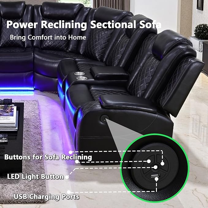 Black Power Reclining Sectional Sofa Set, Living Room Furniture Sets, Leather Recliner Corner Couches and Chair, Power Recliner Sectional with Cup Holder/Storage Console for Living Room
