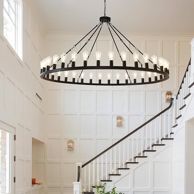 NILSE 64" Extra Large Black Farmhouse Chandelier, 36-Light Modern Wagon Wheel Chandelier for Foyer, Round Rustic Hanging Lighting for Living Room Dining Room Foyer Entryway, E26