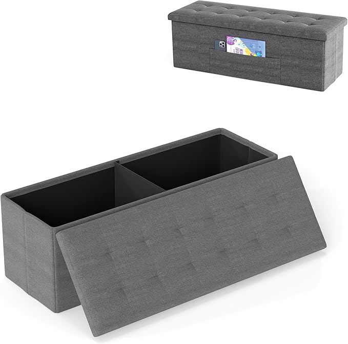 Giantex Storage Ottoman Bench, 43"L Folding Foot Rest Storage Chest with Side Pocket, Divider, Padded Seat Shoe Bench for Living Room Bedroom Hallway Entryway End of Bed (Dark Gray)