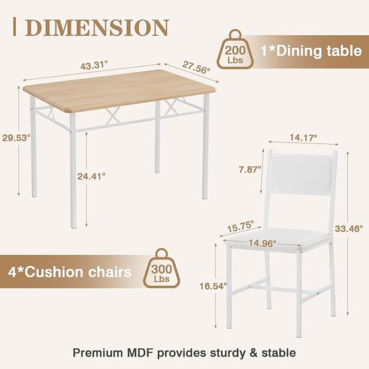 VECELO Dining Table Set for 4 with Chairs, 5-Piece Kitchen Table and Upholstered Padded Chairs Set for Small Space, Dining Room, Apartment, Natural Oak
