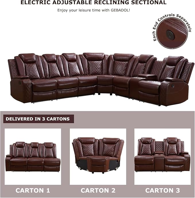 Power Recliner Sectional Couch for Living Room, Breathing Leather Reclining Sectional Sofa, 6 Seat L Shaped Reclining Couch with LED Lighting/Cup Holders/Strorage/USB Port (Wine Red)