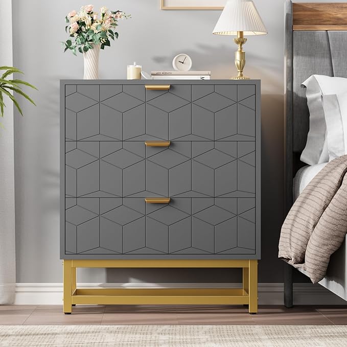 GAOMON 3 Drawer Dresser, Wood Chest Drawers with Storage for Closet, Bedroom, Drawers Dresser Modern Bedside Nightstand with Gold Handles, Grey
