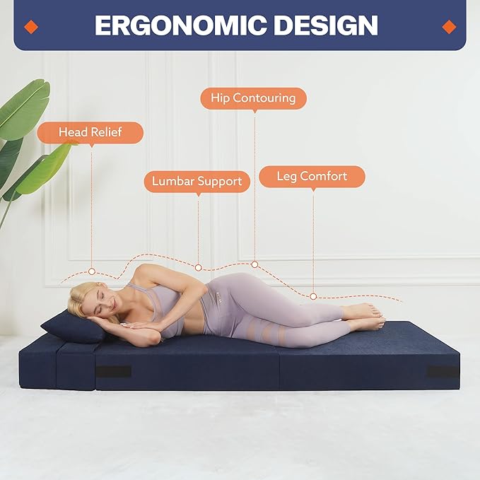 Fvkind Folding Sofa Bed, 4 in 1 Convertible Fold Out Single Chair Bed with Pillow, Memory Foam Futon Chair, Foldable Futon Couch, Foldable Sofa Mattress for Living Room, Bedroom, Guest Room, Blue