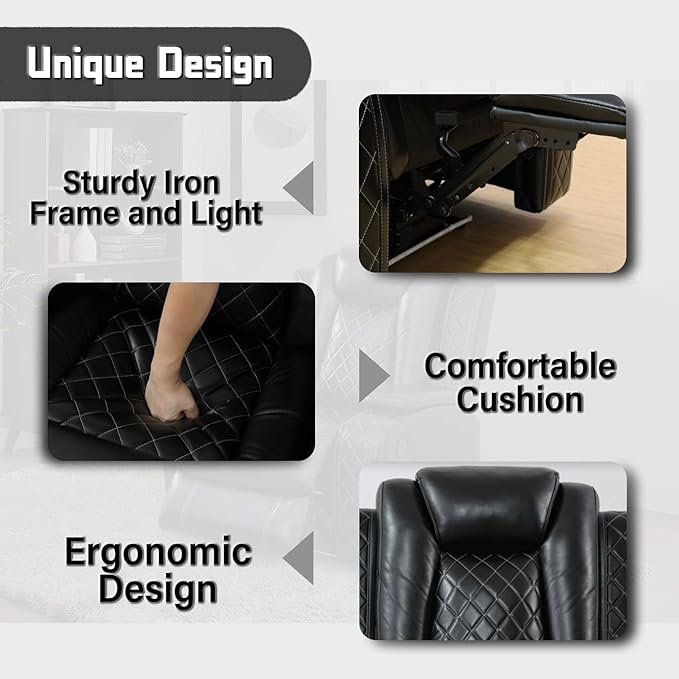 Power Recliner Sectional Sofa with LED, Breathing Leather Reclining Sectional Couch, L Shaped Couch with Dual Recliners, USB Port, Cup Holder&Storage for Living Room (Black)