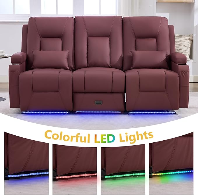URRED Power Loveseat Recliner Sofa with Console, Wall Hugger Reclining Loveseat RV Couch with LED Light, 150° Zero Gravity Recliners Modular Couches for Living Room (Red, 77.3'' - 3 Seats)
