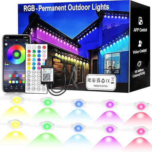 50FT Permanent Outdoor RGB Lights,IP67 Waterproof LED Eaves Lights with Smart App/Remote Control,for Christmas and All Holiday Decor,Daily and Accent Lighting,House Roof and Garden Lighting