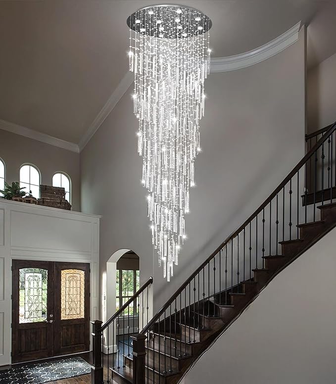 D32'' x H100'' Modern Crystal Chandelier High Ceiling Chandeliers for Entryway Glam Chandelier Large Raindrop Chandeliers LED Dimmable Light Fixtures for Staircaes Foyer Hallway Living Room Silver