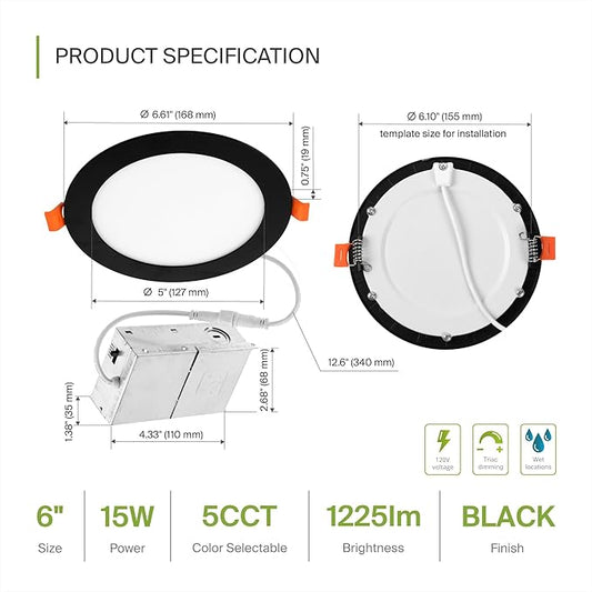 ASD 12 Pack LED Recessed Lighting 6 Inch 15W, 5 CCT 2700K-5000K CRI90+, IC Rated Ultra Thin Dimmable Ceiling Lights with J Box, Canless Wafer Downlight, Round Slim Panel Light, UL Energy Star, Black