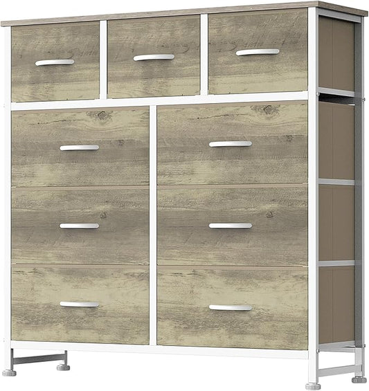 DUMOS 9 Drawer Dresser for Bedroom, Fabric Storage Organizer with Sturdy Metal Frame, Wooden Top Chest of Drawers for Closet Entryway Guest Room,Gold
