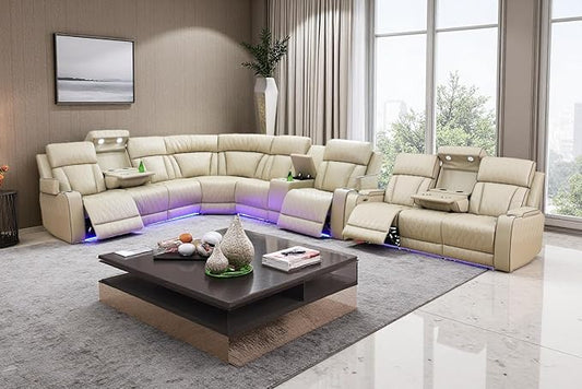Power Recliner Sectional Sofa Set with LED, Luxury Breathing Leather Reclining Corner Couch Set, 9 Seat L-Shaped Sofa Couch Set with 3 Seats Sofa, Cup Holders/Storage for Living Room