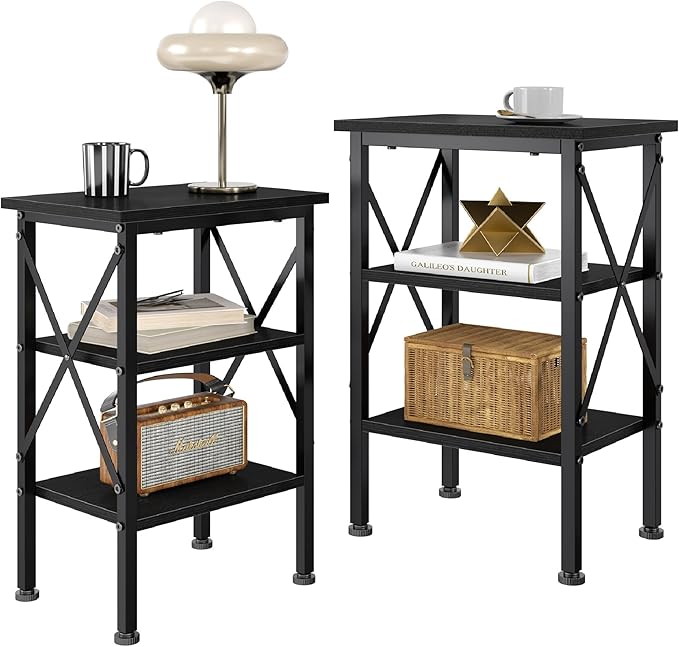 VECELO End Table, 24" Tall Wood Living Room X-Design Reinforced Side Tables, Nightstands with 3-Tier Wood Storage Shelves for Small Spaces, Office, Bathroom, Bedroom, Classic Black, 2 Pack