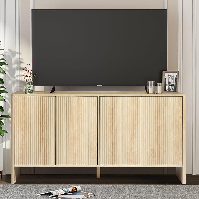 Modern Accent Buffet Cabinet with Adjustable Shelves, Storage Cabinet with 4 Doors, Modern Sideboard Buffet Cabinet, Freestanding Sideboard with Fluted Doors for Kitchen and Living Room (Black)