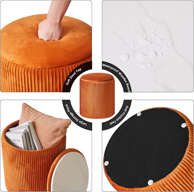 IBUYKE Round Ottoman with Storage Set of 2 Boucle Ottoman End Table for Living Room Vanity Stool Velvet Footrest Stool Bar Stool UWBD005J